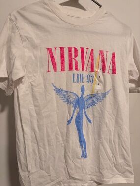 NIRVANA White Tee with Pink & Yellow Graphic